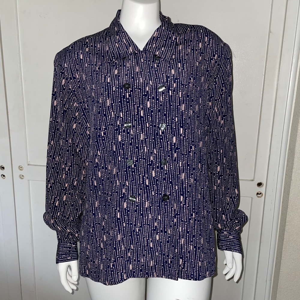 Evan Picone Vintage Navy Blue pink Abstract Print Double Breasted Blouse Size 14